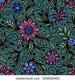 Seamless pattern with blue and pink flowers on an emerald background in vector