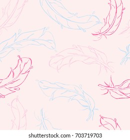 Seamless pattern blue and pink hand-drawn feathers on a pink background. Vector
