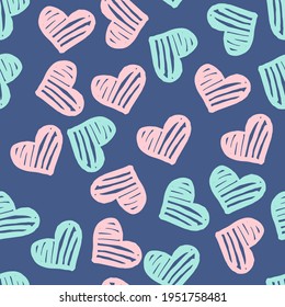 Seamless pattern with blue and pink hearts on deep blue background. Vector design for textile, backgrounds, clothes, wrapping paper, web sites and wallpaper. Fashion illustration seamless pattern.