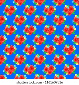 Seamless pattern with blue, pink and orange roses. Vector illustration. Abstract seamless background with flying blue, pink and orange roses with green leaves.