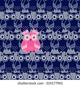 Seamless pattern with blue and pink owls