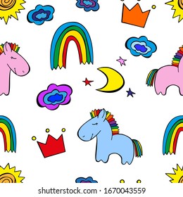 Seamless pattern with blue and pink pony, crown, rainbow, clouds, sun, moon and stars in doodle style, isolated on a white background. Hand drawn vector illustration.