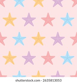 Seamless pattern with blue, pink, purple, orange starfish