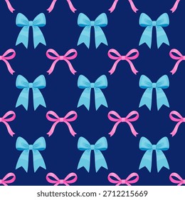 Padrão contínuo com arcos de fita azul e rosa no fundo azul escuro. Design de vetor de estilo plano decorativo bonito ideal para embrulho de presente, têxteis, papelaria e impressões festivas