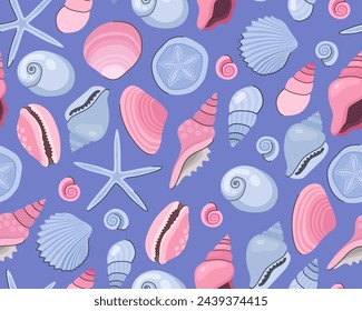 Seamless pattern with blue and pink seashells on a blue background. Seashells of different shapes. Starfish. Summer and sea pattern. 