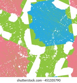 Seamless pattern with blue and pink square-like spots on a green background