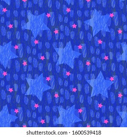 Seamless Pattern with Blue and Pink Stars and Brush Strokes Background