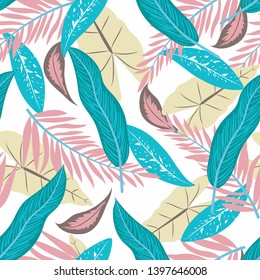 Seamless pattern with blue and pink  tropical leaves. Vector design. Flat jungle print. Floral background.