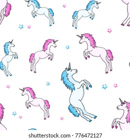 Seamless pattern with blue, pink unicorn and stars on white background. Vector illustration