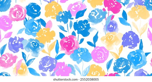 Patrón sin fisuras con rosas azules, rosadas, amarillas. Flores de acuarela, hojas. Elegante estampado botánico sin fin, Fondo de pantalla, fondo. Repite el estampado de moda para la tela, la ropa.