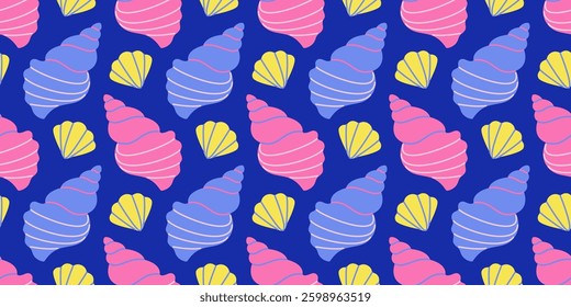 Seamless pattern with blue, pink and yellow sea shells Hand drawn trendy flat style seashell. Tropical beach shells. Summer seamless pattern. Vector illustration