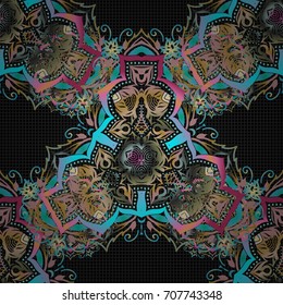 Seamless pattern with blue, pink and yellow elements on black background. Good for Christmas cards, decoration, menus, web, banners and designs related to wine and holidays. Vector illustration.