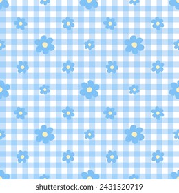 seamless pattern blue plaid with flowers