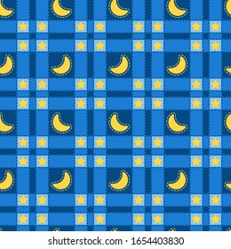 Patrón transparente de manta azul con un mes y estrellas amarillos. Fondo vectorial.