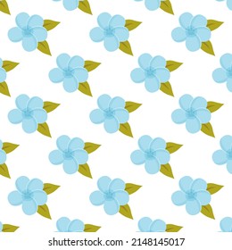 Seamless pattern with blue plumeria flowers on a white background. Background for greeting cards, wedding invitations, women's pattern for clothes, decorative paper and much more.