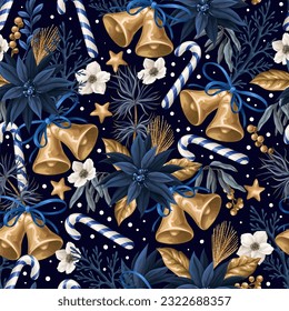 Seamless pattern with blue poinsettia and gold elements. Vector