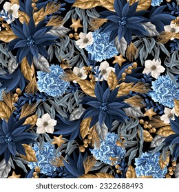 Seamless pattern with blue poinsettia and gold elements. Vector