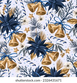 Seamless pattern with blue poinsettia and gold elements. Vector