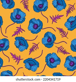 Seamless pattern with blue poppy flowers. Papaver. Hand drawn line art sketch vector illustration. Ornate elegant summer background. Decor for Anzac day. Endless texture for textile, fashion, packing.