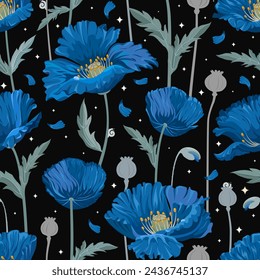 Seamless pattern with blue poppy flowers, poppy seed pods, little snails and stars on black background. Vector illustration