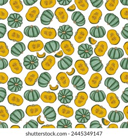 Seamless pattern with Blue pumpkin. Winter squash. Cucurbita maxima. Vegetables. Cartoon style. Isolated vector illustration.
