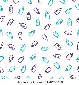 Seamless pattern with blue and purple baby bottles.