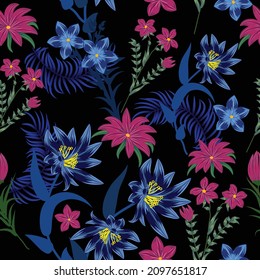Seamless pattern with blue and purple flowers, vector  background,  plants, botanical design for fashion, fabric, wallpaper