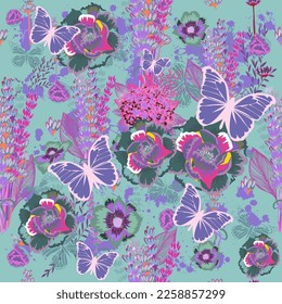 Flores azules y púrpuras sin foco con mariposas. Ilustración del vector