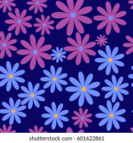 Seamless pattern blue and purple flowers in a flat style on a blue background, vector illustration