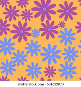 Seamless pattern blue and purple flowers in a flat style on a beige background, vector illustration