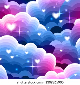 Seamless pattern with blue and purple gradient clouds with white hearts and stars