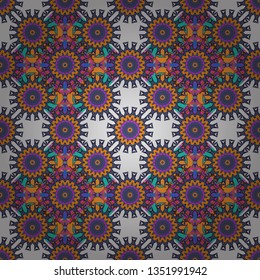 Seamless pattern in blue, purple and orange colors. Vector abstract home decorative ornament, containing from geometric figures and mandalas.