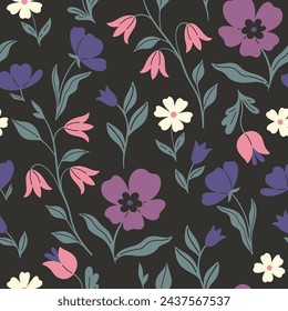 Seamless pattern with blue, purple, pink and white flowers on a black background. Vector graphics.