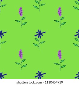 Seamless pattern of blue and purple plants on a green background
