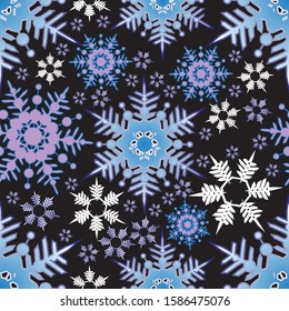 Seamless pattern of blue and purple snowflakes on a black background. Gradient, vector. Gift Christmas paper, christmas textiles. Christmas design and decoration.