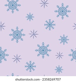Patrón sin foco con copos de nieve azules y púrpura sobre un fondo morado. Iconos llanos de nieve, se repiten copos de nieve lindos. Buen elemento para pancarta de navidad, envoltura. Ornamento tradicional de Navidad.