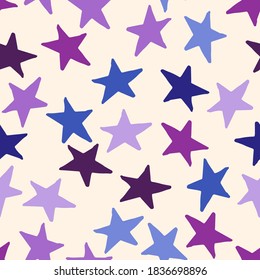 Seamless pattern with blue and purple stars on background. Vector design for textile, backgrounds, clothes, wrapping paper, web sites and wallpaper. Fashion illustration hand drawn seamless pattern.