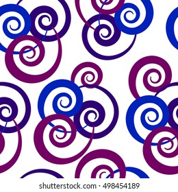 Seamless pattern with blue and purple swirl ornament on white