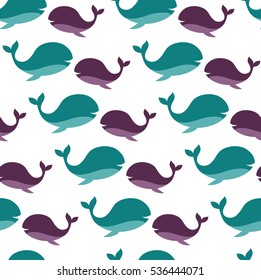seamless pattern of blue and purple whales on a white background. ocean fish. vector illustration