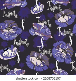 Seamless pattern with blue- purple and white flowers and "transformation" lettering.Cute background and texture for printing on fabrics and paper.Trendy hand drawn illustration in vector.