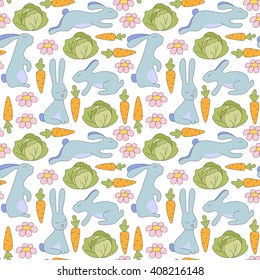 Seamless pattern blue rabbit jumps, sits, lies and flowers, green cabbage, orange carrots with green twigs. Vector Illustration. Kids background.
