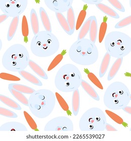 Seamless pattern with blue rabbit muzzles and carrots
