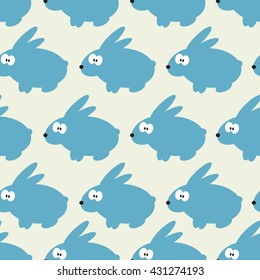 Seamless pattern with blue rabbit on grey background. For cards, invitations, baby shower albums, backgrounds and scrapbooks. Can be used for wallpapers. Vector illustration.