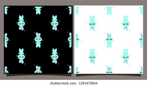 Seamless pattern with blue rabbit. Tile on a black and white background. Cute bunny cartoon character for textiles, print on fabric, gift wrapping. Wood land. Hare. Vector illustration