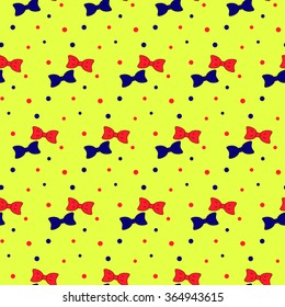 Seamless pattern of blue and red bows and circles on a yellow background
