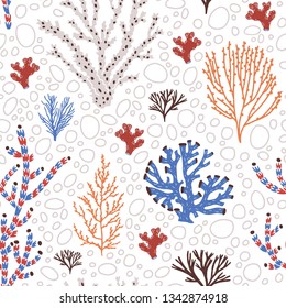 Seamless pattern with blue and red corals, seaweed or algae. Backdrop with sea species, ocean flora and fauna, exotic underwater wildlife. Flat natural vector illustration for wrapping paper.