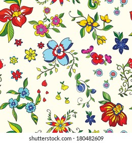 Seamless pattern with blue and red flowers on a white background.Vector illustration.