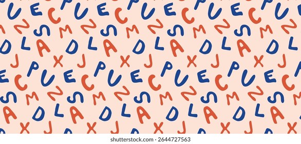 Seamless pattern with blue and red letters.Template for print fabrics, wallpaper, clothes. Vector graphics. 