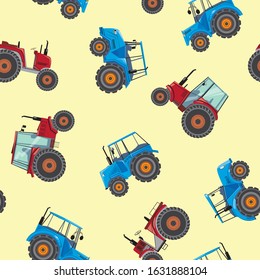 A seamless pattern with blue and red tractors on a yellow background for printing on fabric and textile. A flat random vector stock illustration with tractor and machines for a child or boy