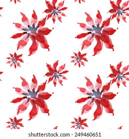 Seamless pattern with blue and red watercolor flowers on white background